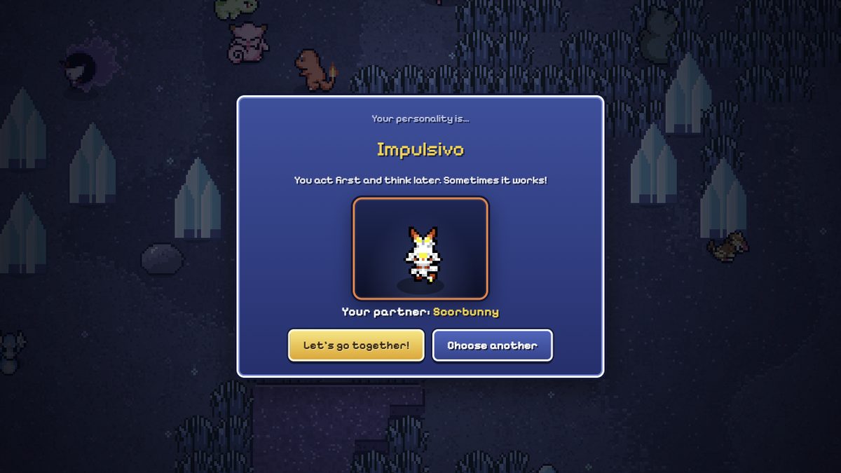The partner card screen showing the chosen partner, its name and the buttons to start playing with it or choose a different one.