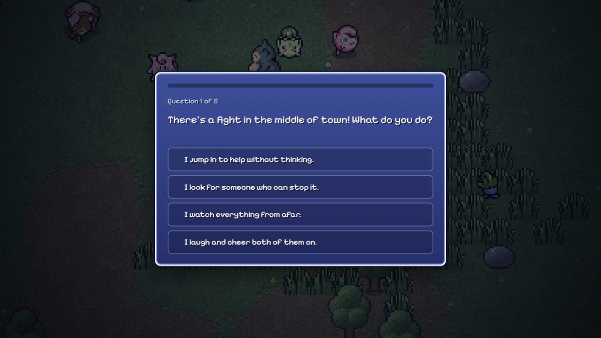 The first of four opening quiz questions, asking what you would do about a fight in the middle of town, with four answer choices.