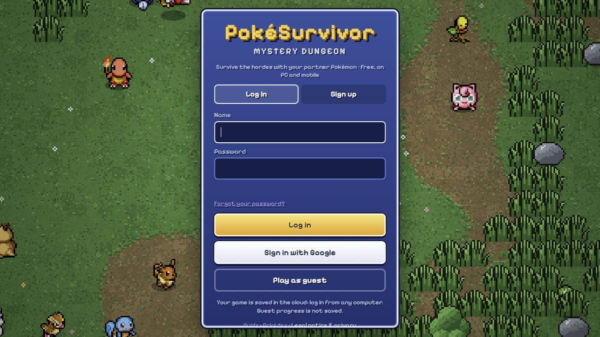The game's entry screen with the login form, the nickname and password fields, a login button, a sign in with Google button and a play as guest option.