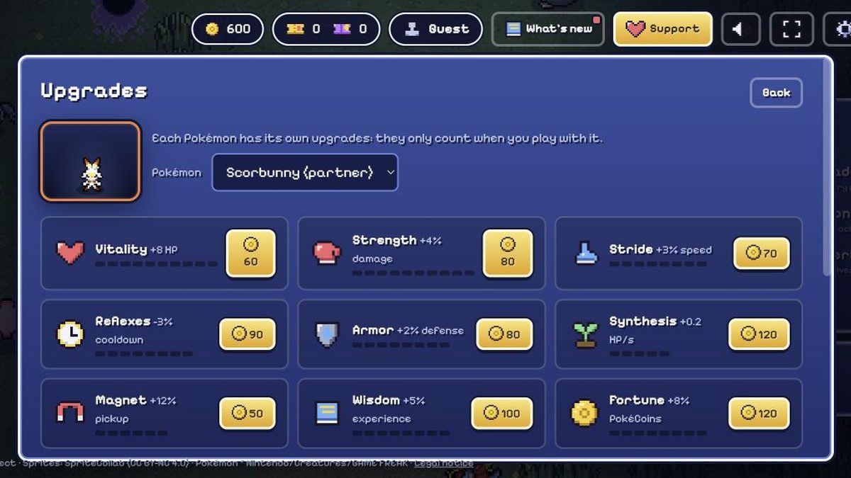 The game's Upgrades panel showing the partner Scorbunny, the nine upgrade stats with their current values, and the coin cost of the next level for each.